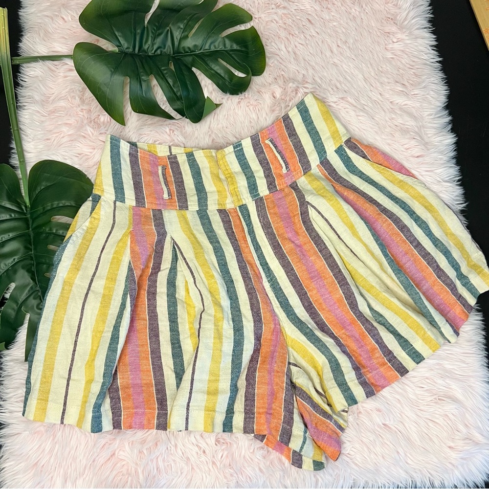 BP Colorful Rainbow Stripe High Waist Linen Blend Shorts Sz S Coastal Vacation